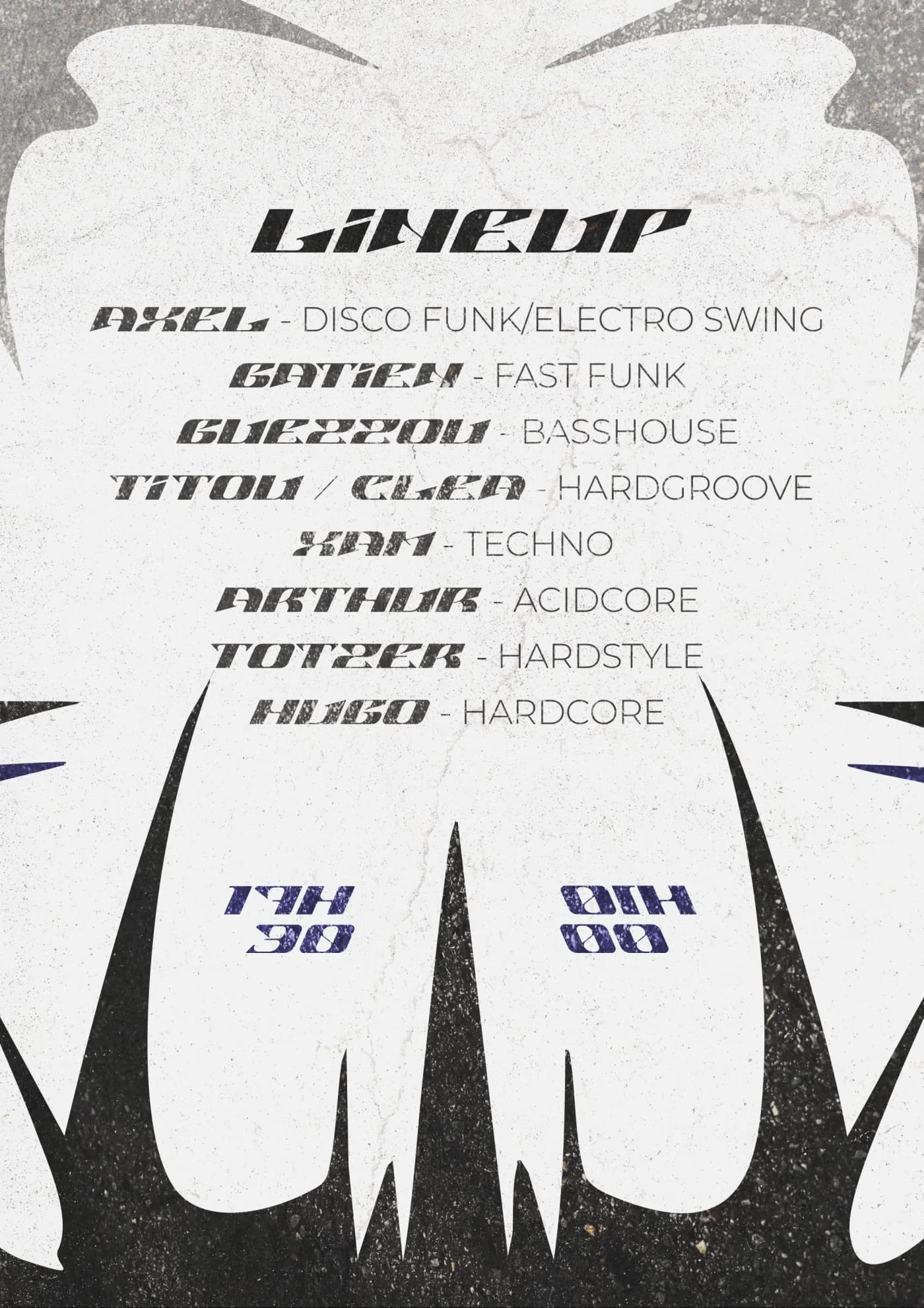 Affiche lineup : les huit DJ et leurs styles