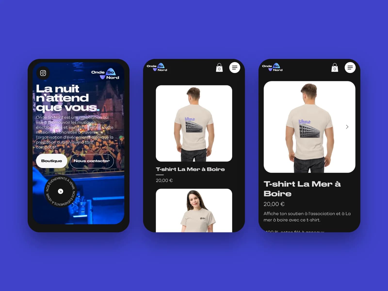 Le site Onde So Nord sur mobile : accueil, boutique et fiche produit
