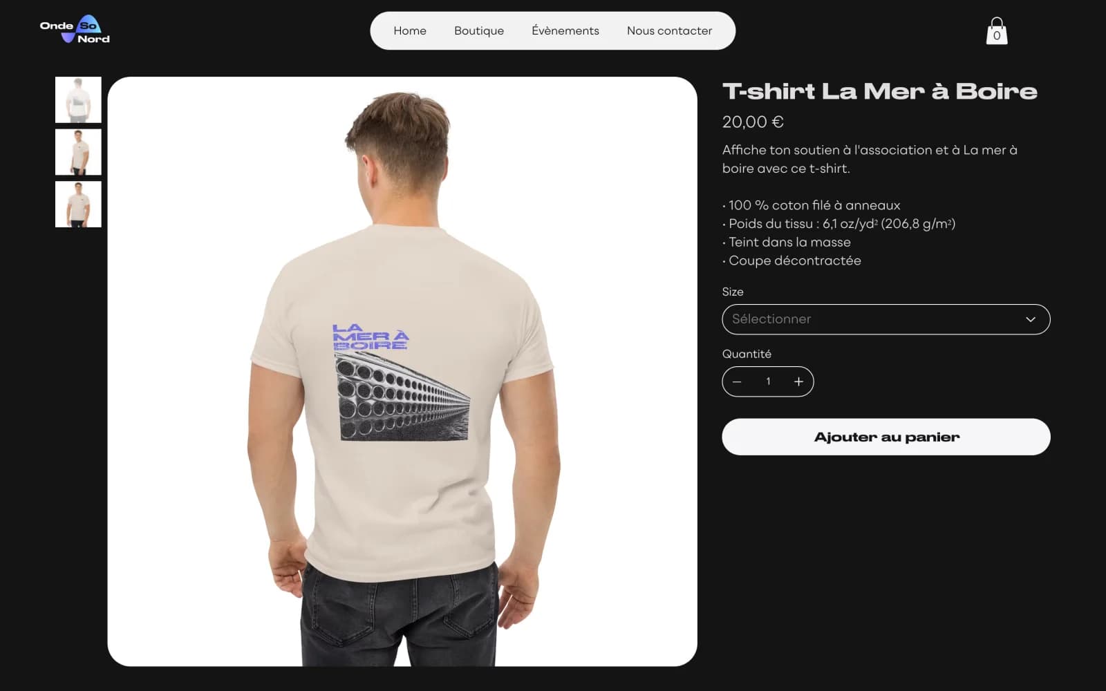 Fiche produit avec choix de la taille et ajout au panier