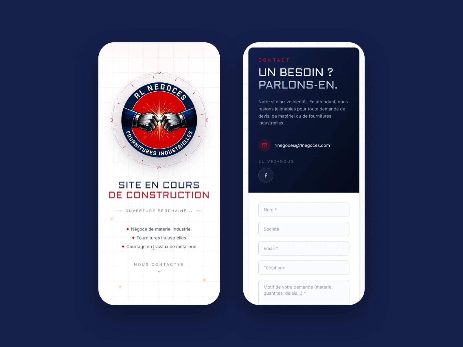 Le site RL Negoces sur mobile : accueil et contact