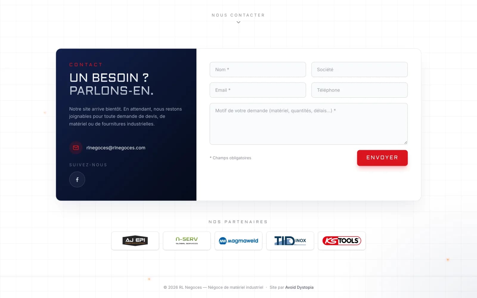 Formulaire de contact et partenaires sur rlnegoces.com