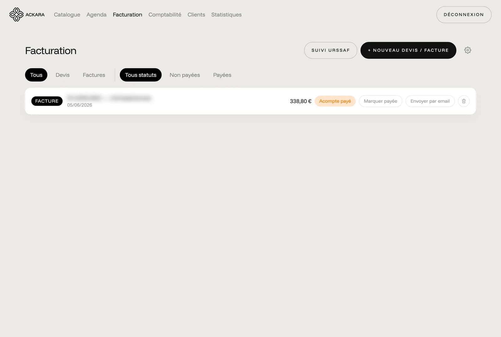 Back-office Ackara : suivi des devis et factures