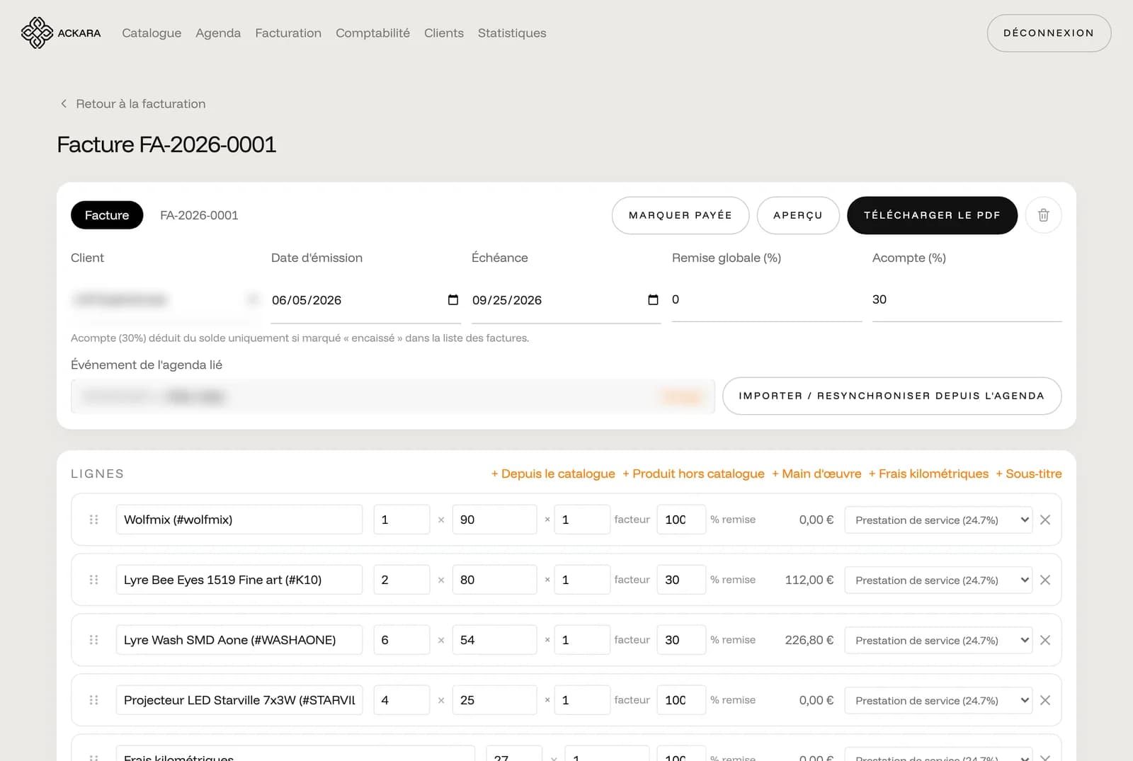 Back-office Ackara : édition d'une facture