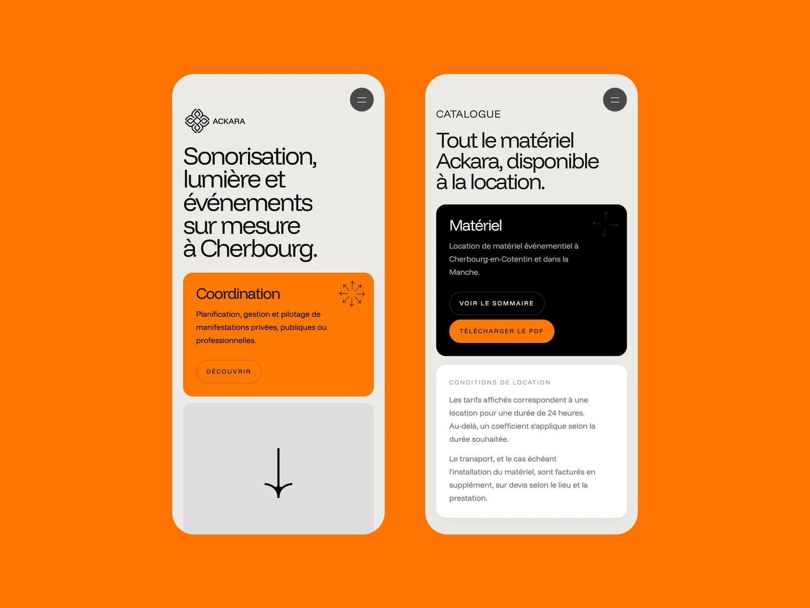 Le site Ackara sur mobile : accueil et catalogue