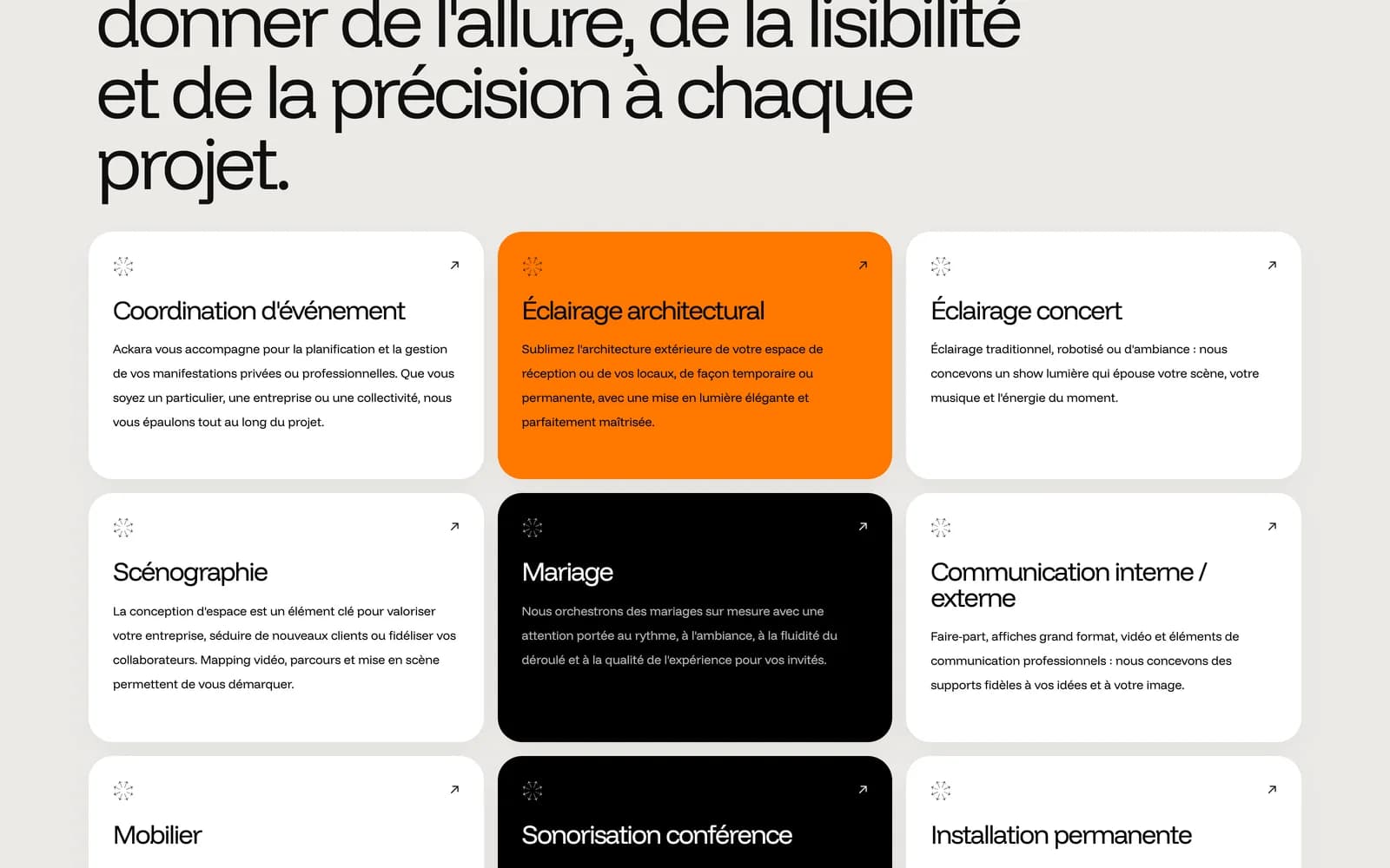 Grille des prestations sur le site Ackara